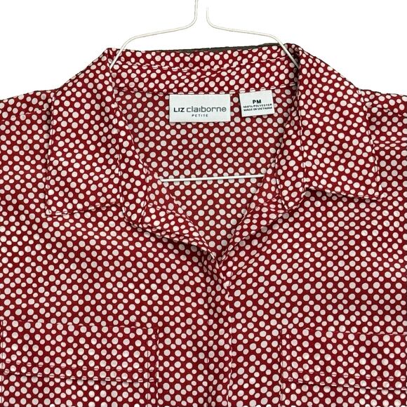 Red Polka Dot Blouse White 3/4 Sleeve Buttoned Shirt Liz Claiborne PM PETITE MED - Picture 2 of 8